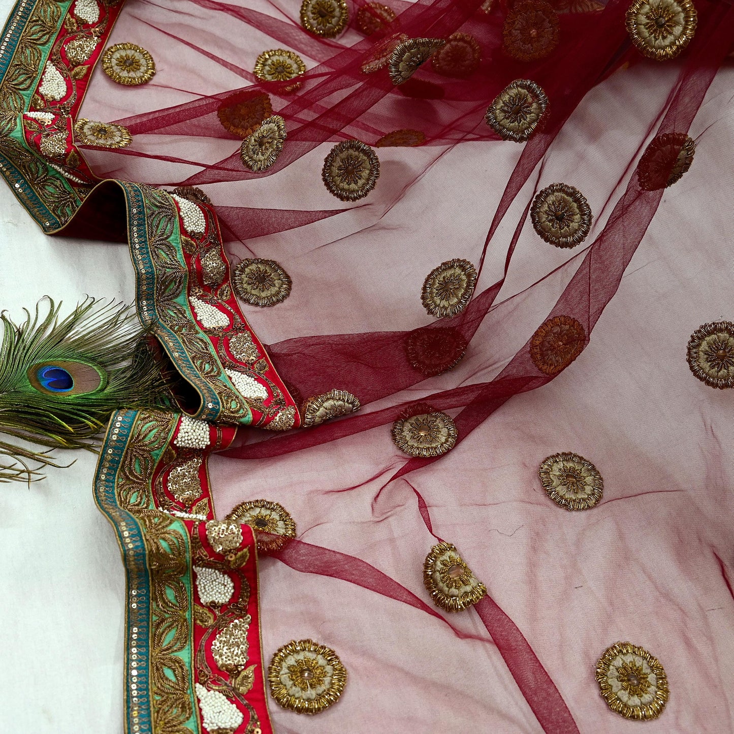 Indian Vintage Heavy Wedding Dupatta Maroon Net Long Stole Hand Embroidered By Designer Sabyasachi Scarves Zardozi Bridal Veil