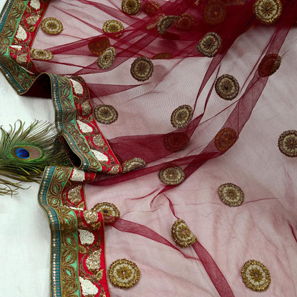 Indian Vintage Heavy Wedding Dupatta Maroon Net Long Stole Hand Embroidered By Designer Sabyasachi Scarves Zardozi Bridal Veil
