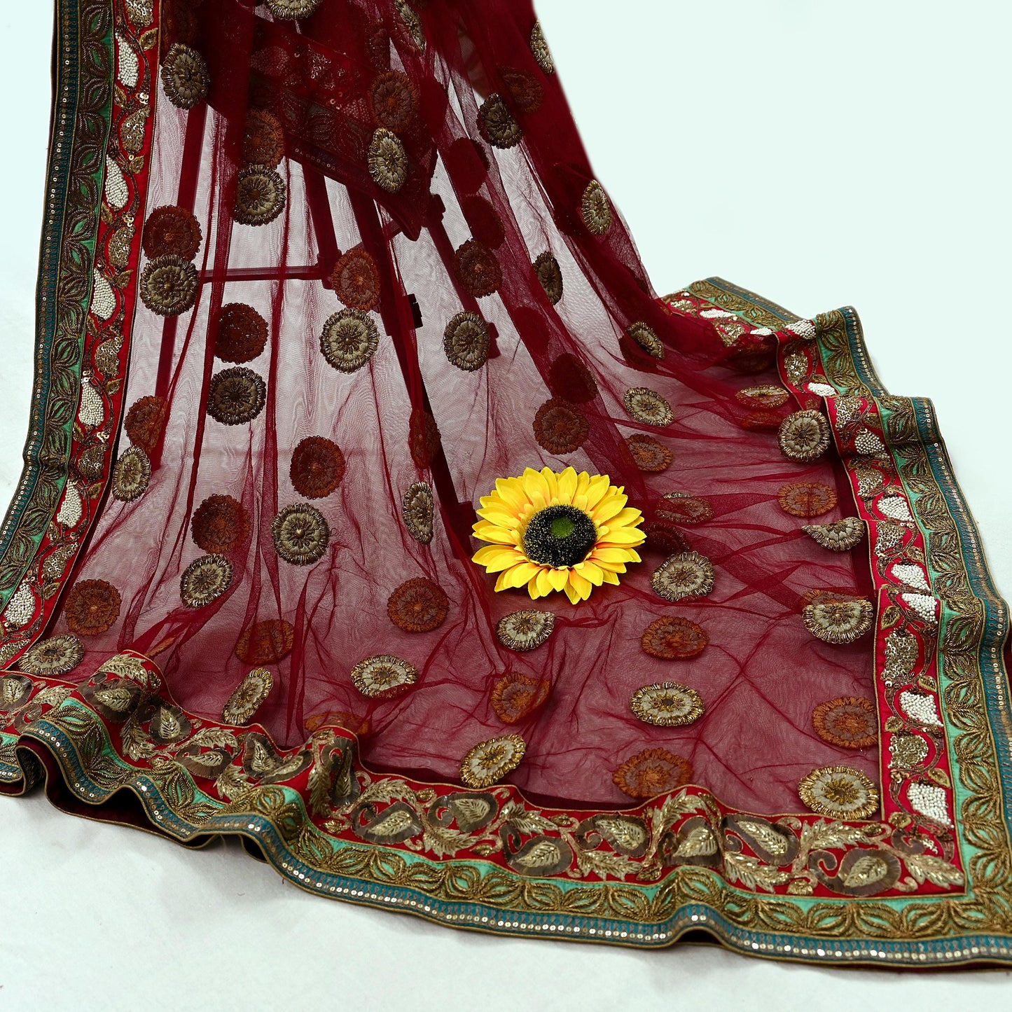 Indian Vintage Heavy Wedding Dupatta Maroon Net Long Stole Hand Embroidered By Designer Sabyasachi Scarves Zardozi Bridal Veil