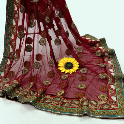 Indian Vintage Heavy Wedding Dupatta Maroon Net Long Stole Hand Embroidered By Designer Sabyasachi Scarves Zardozi Bridal Veil