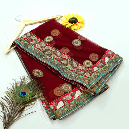 Indian Vintage Heavy Wedding Dupatta Maroon Net Long Stole Hand Embroidered By Designer Sabyasachi Scarves Zardozi Bridal Veil