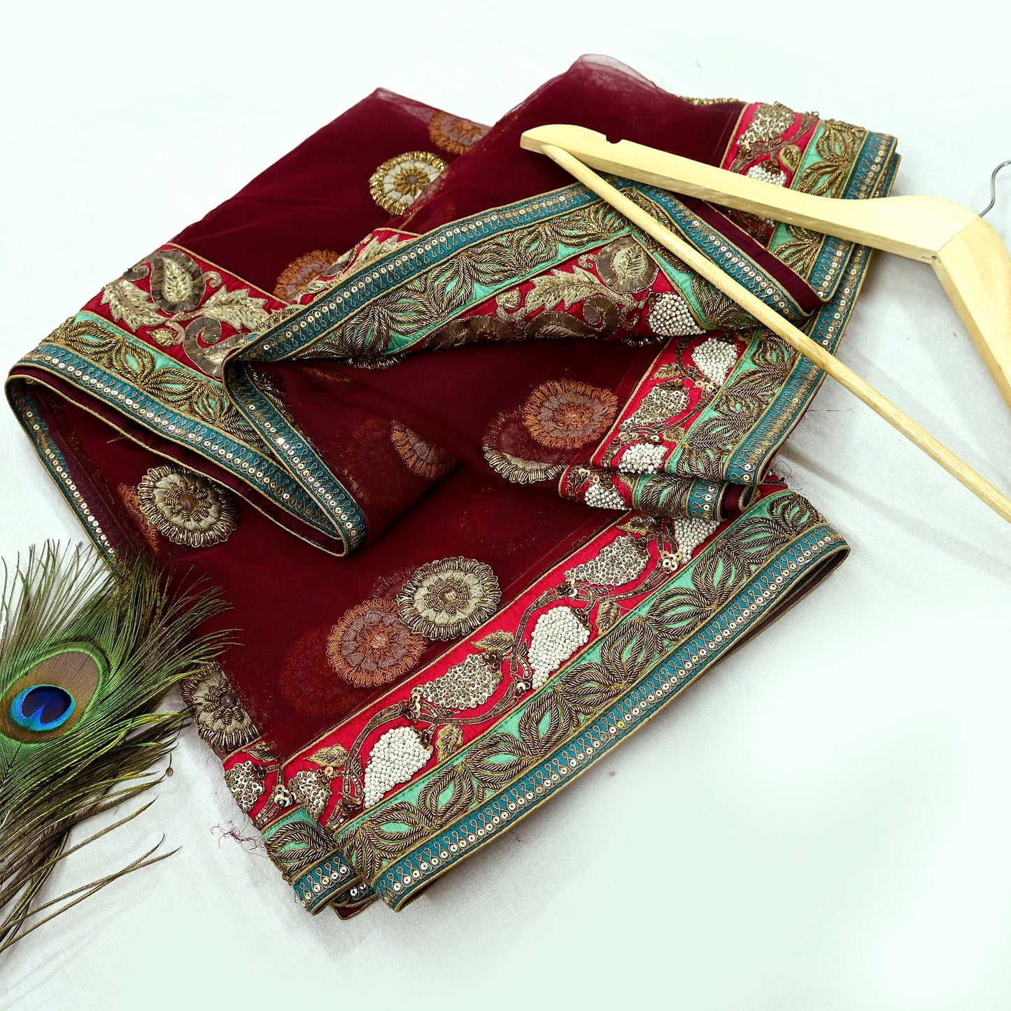 Indian Vintage Heavy Wedding Dupatta Maroon Net Long Stole Hand Embroidered By Designer Sabyasachi Scarves Zardozi Bridal Veil