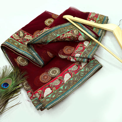 Indian Vintage Heavy Wedding Dupatta Maroon Net Long Stole Hand Embroidered By Designer Sabyasachi Scarves Zardozi Bridal Veil