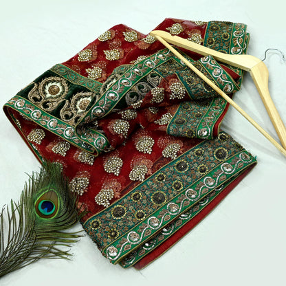 Indian Vintage Heavy Wedding Dupatta Maroon Net Long Stole Hand Embroidered By Designer Sabyasachi Scarves Zardozi Bridal Veil Hijab