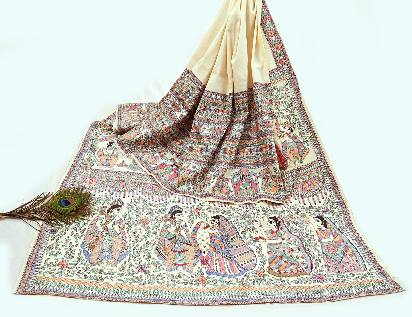 Indian Vintage Ivory Saree Pure Silk Hand Painted MadhuBani Sari Craft Fabric 5yd Ethnic Wear Sari Floral Dress Designing