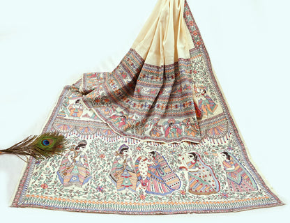 Indian Vintage Ivory Saree Pure Silk Hand Painted MadhuBani Sari Craft Fabric 5yd Ethnic Wear Sari Floral Dress Designing