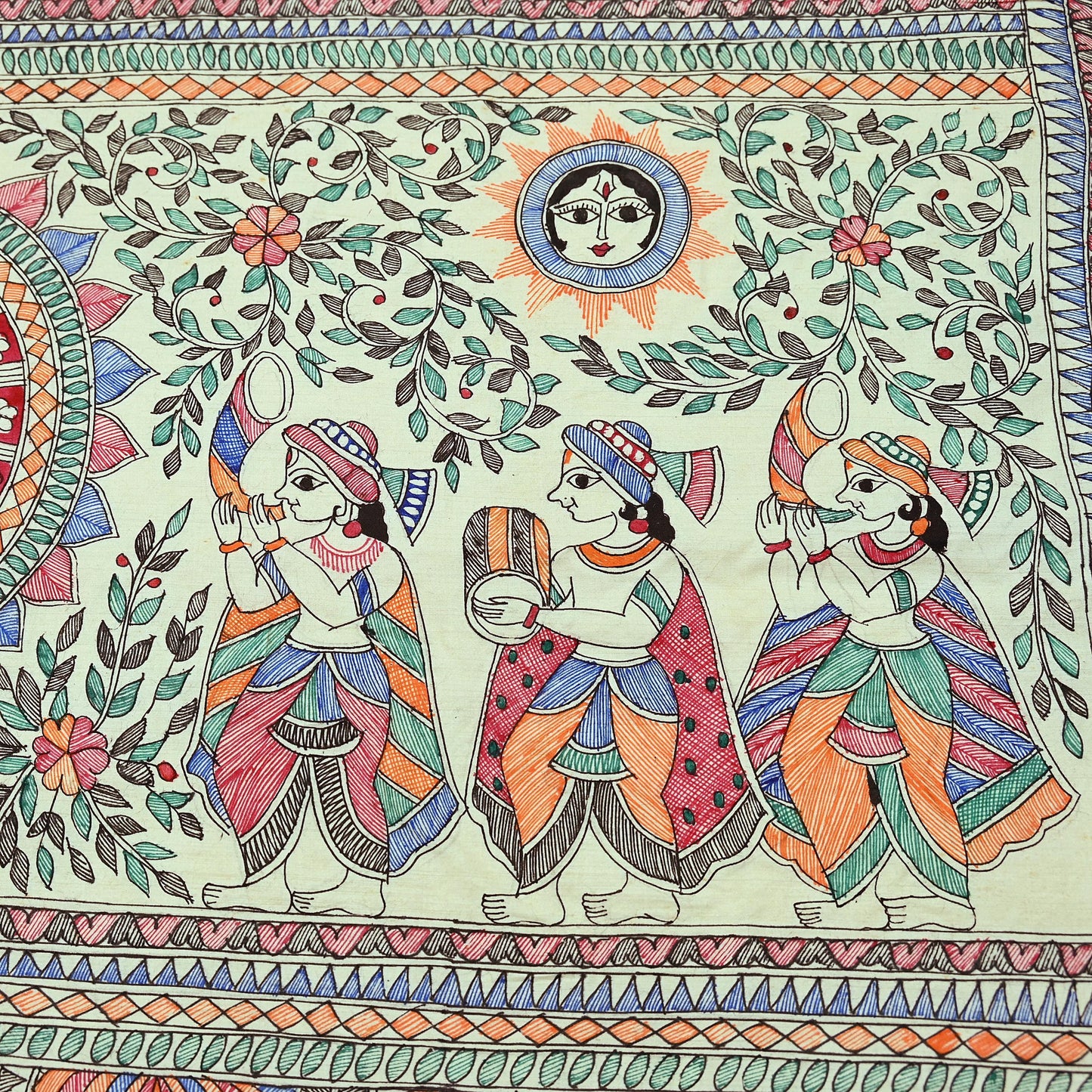 Indian Vintage Ivory Saree Pure Silk Hand Painted MadhuBani Sari Craft Fabric 5yd Ethnic Wear Sari Floral Dress Designing