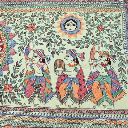 Indian Vintage Ivory Saree Pure Silk Hand Painted MadhuBani Sari Craft Fabric 5yd Ethnic Wear Sari Floral Dress Designing