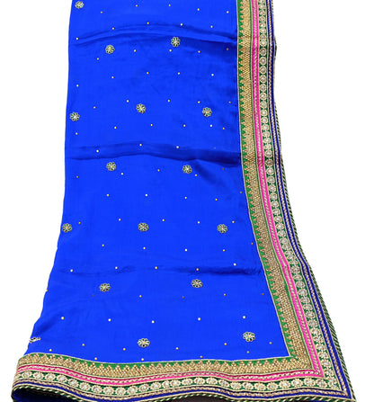Indian Vintage Blue Dupatta Pure Silk Long Stole Hand Embroidered Scarves Floral Design Stole Veil Wrap Sequins