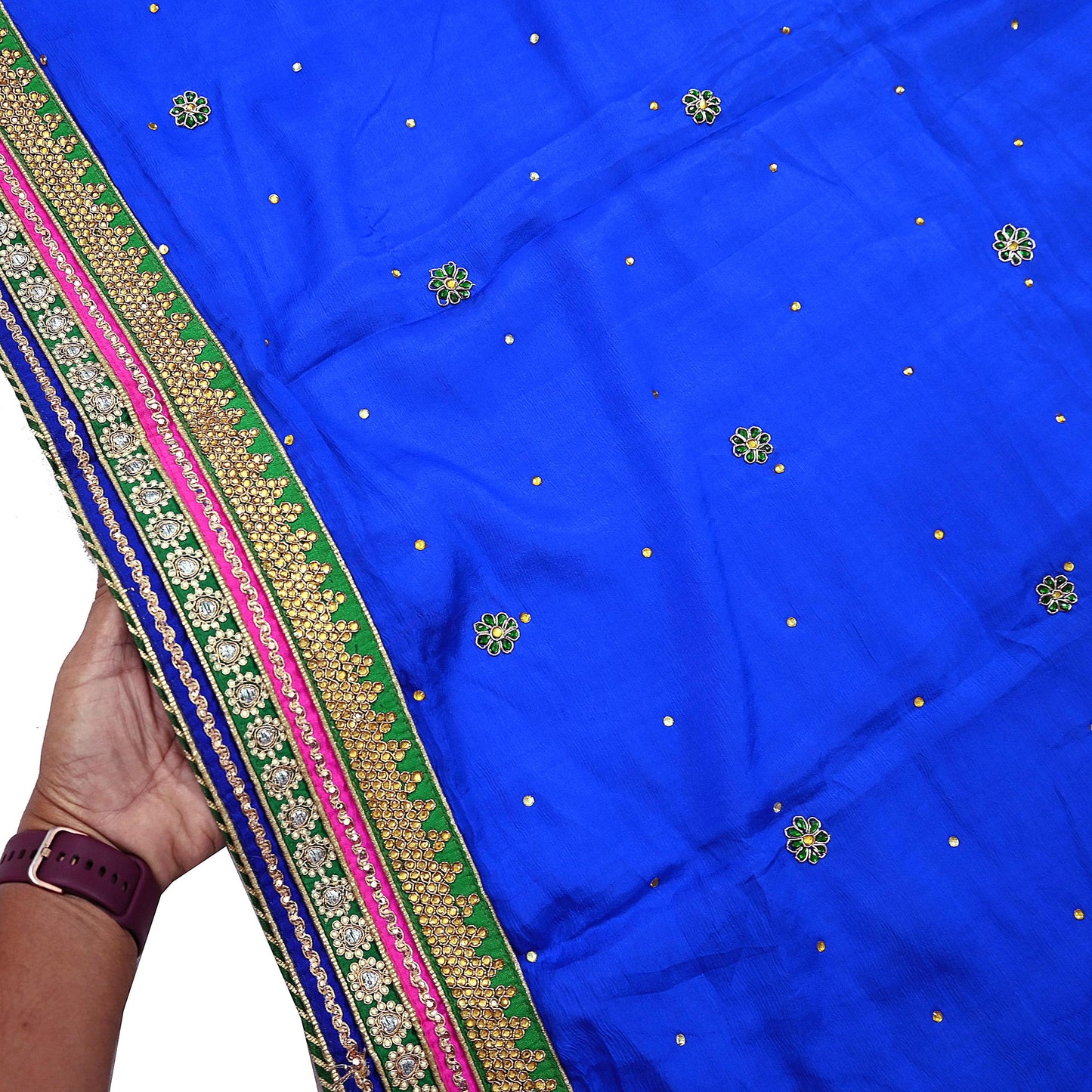Indian Vintage Blue Dupatta Pure Silk Long Stole Hand Embroidered Scarves Floral Design Stole Veil Wrap Sequins