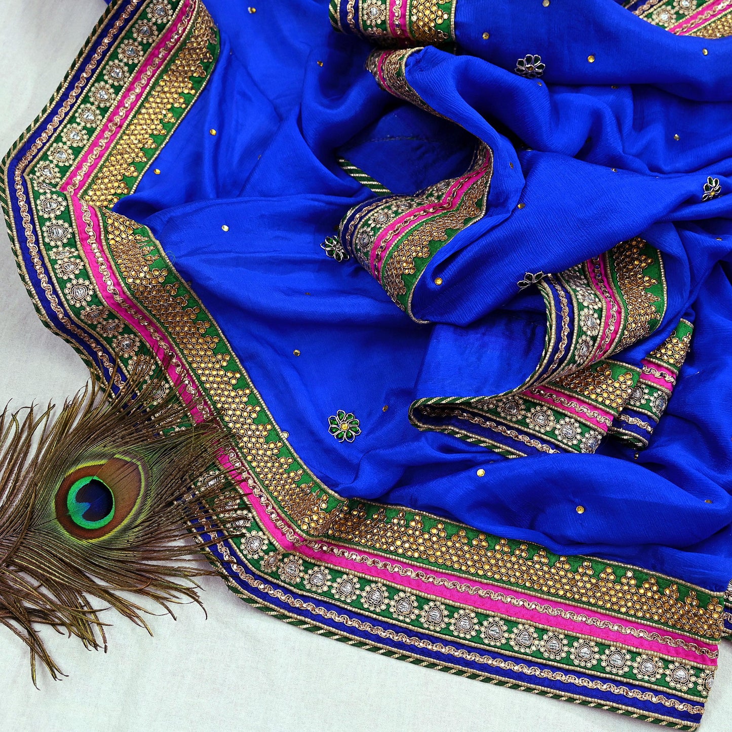 Indian Vintage Blue Dupatta Pure Silk Long Stole Hand Embroidered Scarves Floral Design Stole Veil Wrap Sequins