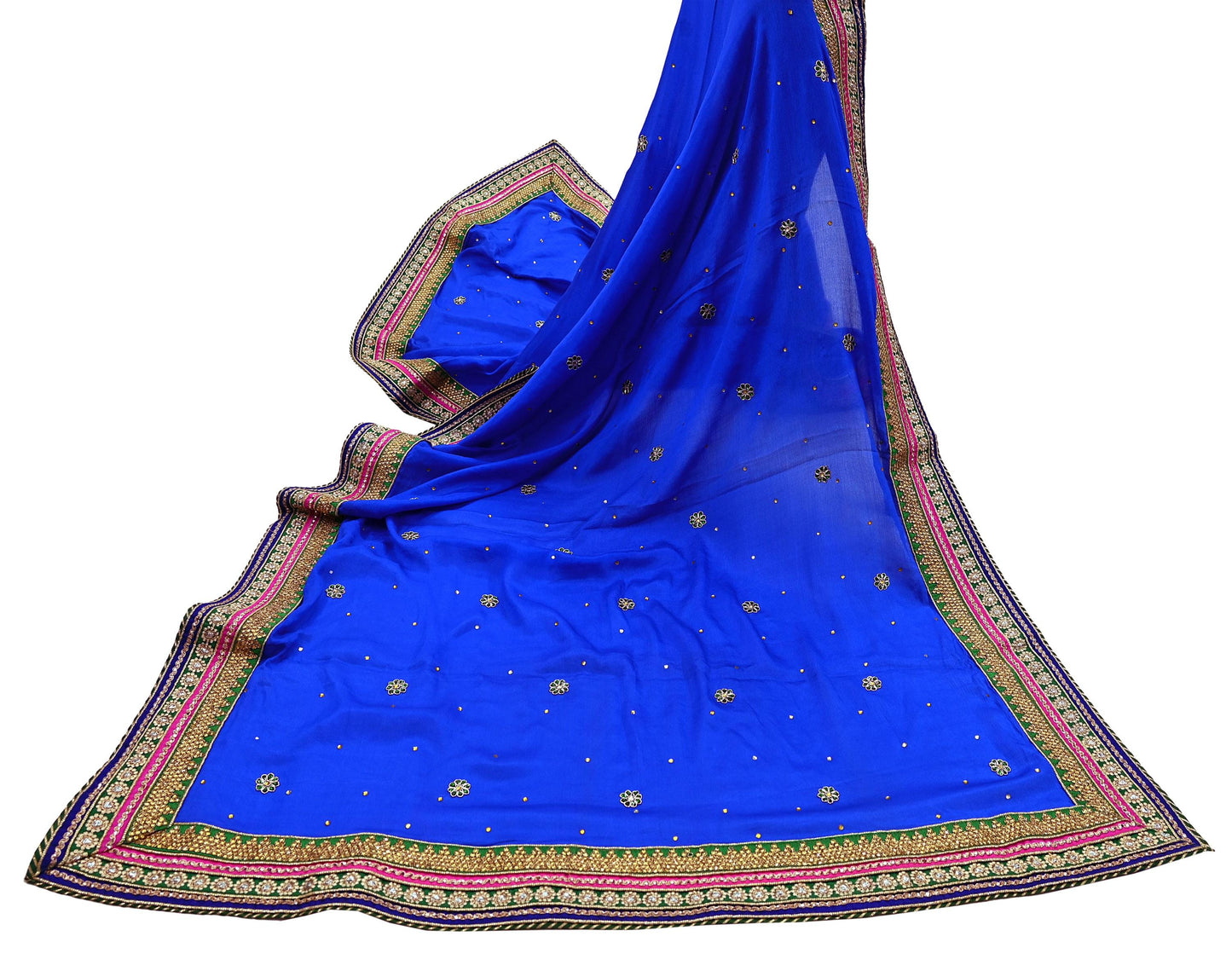 Indian Vintage Blue Dupatta Pure Silk Long Stole Hand Embroidered Scarves Floral Design Stole Veil Wrap Sequins