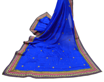 Indian Vintage Blue Dupatta Pure Silk Long Stole Hand Embroidered Scarves Floral Design Stole Veil Wrap Sequins