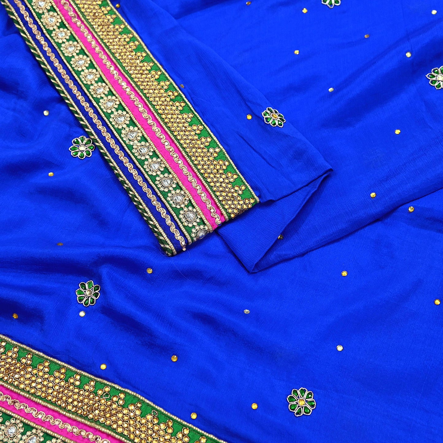 Indian Vintage Blue Dupatta Pure Silk Long Stole Hand Embroidered Scarves Floral Design Stole Veil Wrap Sequins