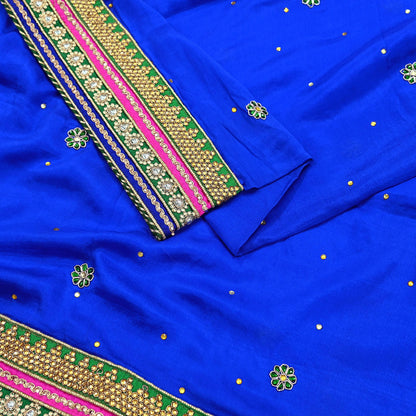 Indian Vintage Blue Dupatta Pure Silk Long Stole Hand Embroidered Scarves Floral Design Stole Veil Wrap Sequins
