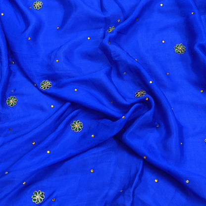 Indian Vintage Blue Dupatta Pure Silk Long Stole Hand Embroidered Scarves Floral Design Stole Veil Wrap Sequins