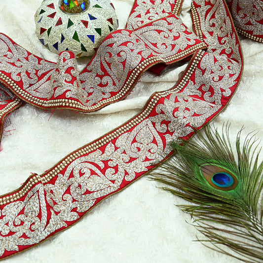 Indian Vintage Sari Border Red Hand Embroidered Craft Trim Lace 1Yd Sewing Sari Ribbon Dress making Dress Designing Decor Dabka