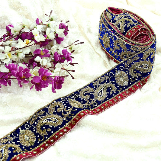 Indian Vintage Blue Sari Border Hand Embroidered Craft Trim Lace Sewing Sari Ribbon Velvet 1yards Dress making Dress Designing Decor Dabka