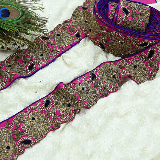 Indian Vintage Sari Border Magenta Hand Embroidered Craft Trim Lace 1Yd Sewing Sari Ribbon Dress making Dress Designing Decor Dabka