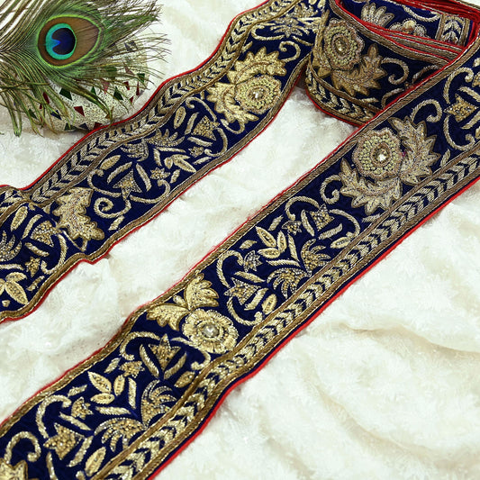 Indian Vintage Blue Sari Border Hand Embroidered Craft Trim Lace Sewing Sari Ribbon Velvet 1yards Dress making Dress Designing Decor Dabka