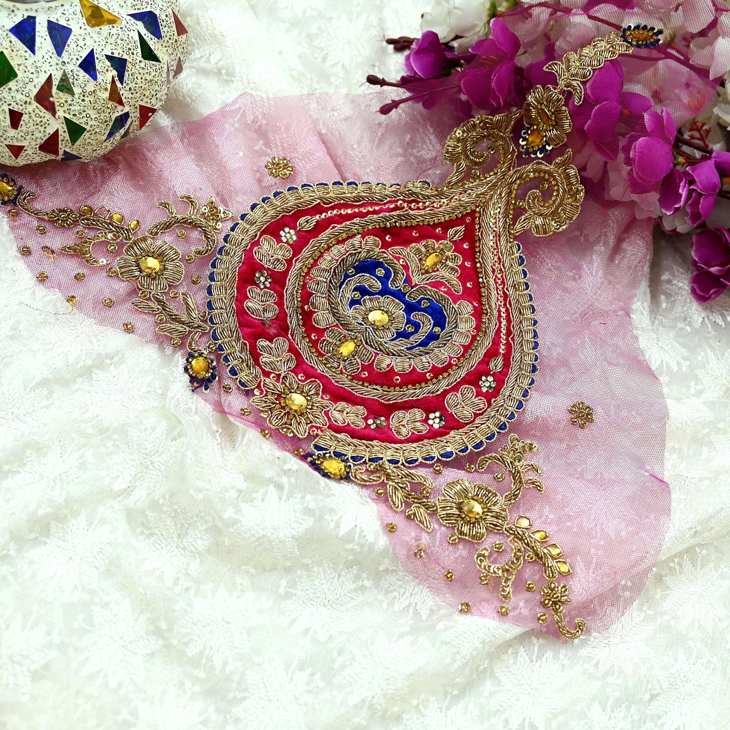 Indian Vintage Pink net Appliques  Set of 1 | Hand-Embroidered Floral Patches with Zardozi,Dabka, Zari,for Craft, Journals