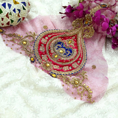 Indian Vintage Pink net Appliques  Set of 1 | Hand-Embroidered Floral Patches with Zardozi,Dabka, Zari,for Craft, Journals