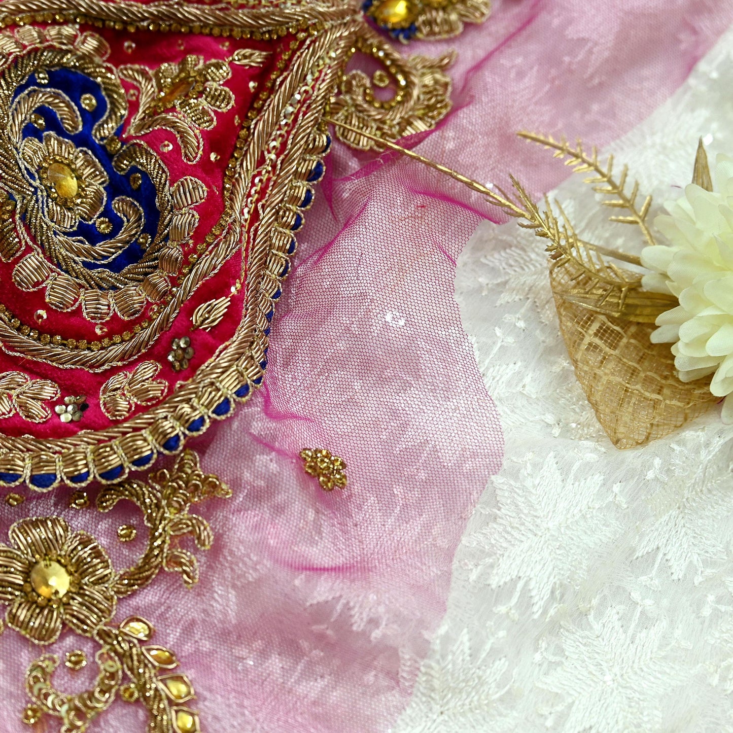 Indian Vintage Pink net Appliques  Set of 1 | Hand-Embroidered Floral Patches with Zardozi,Dabka, Zari,for Craft, Journals