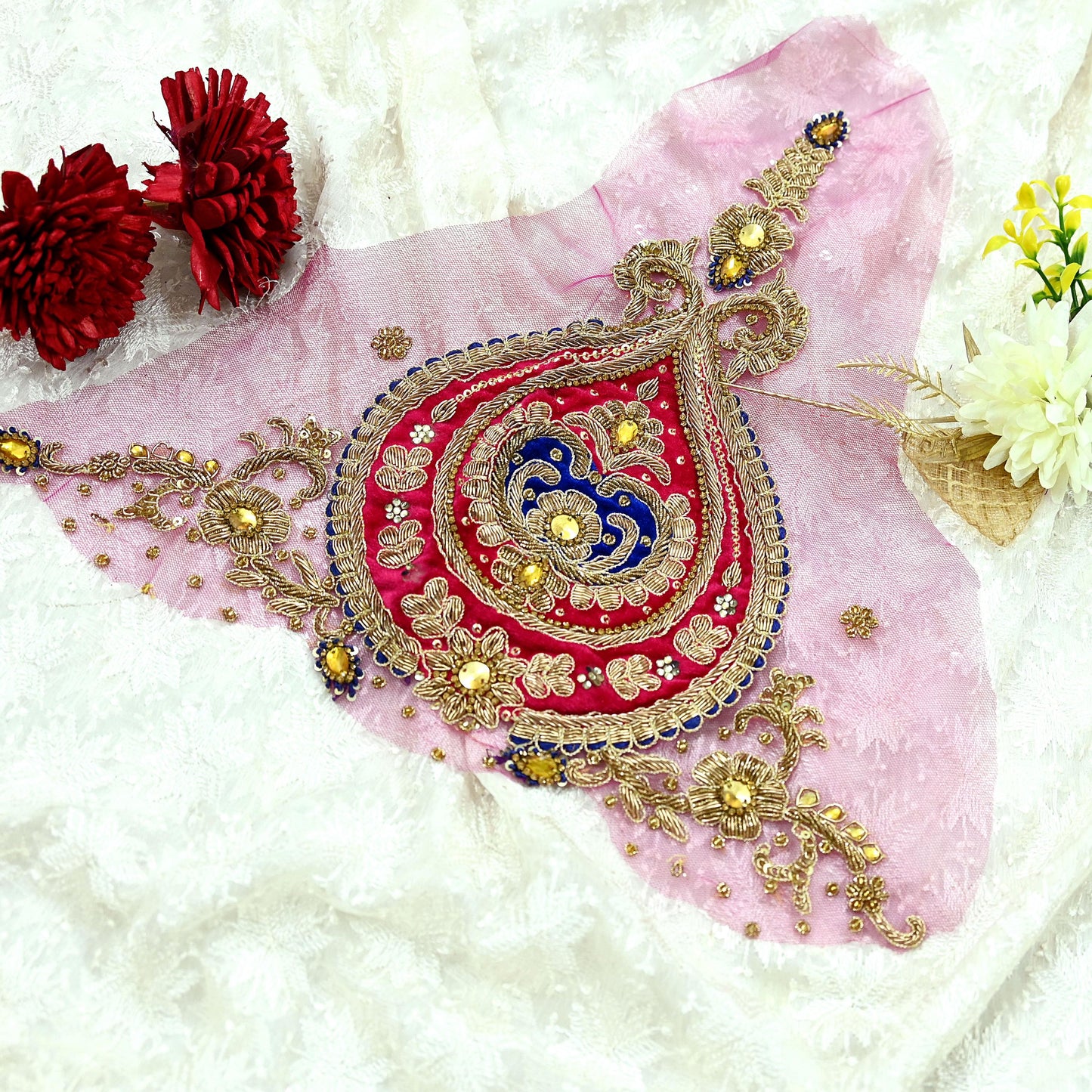 Indian Vintage Pink net Appliques  Set of 1 | Hand-Embroidered Floral Patches with Zardozi,Dabka, Zari,for Craft, Journals