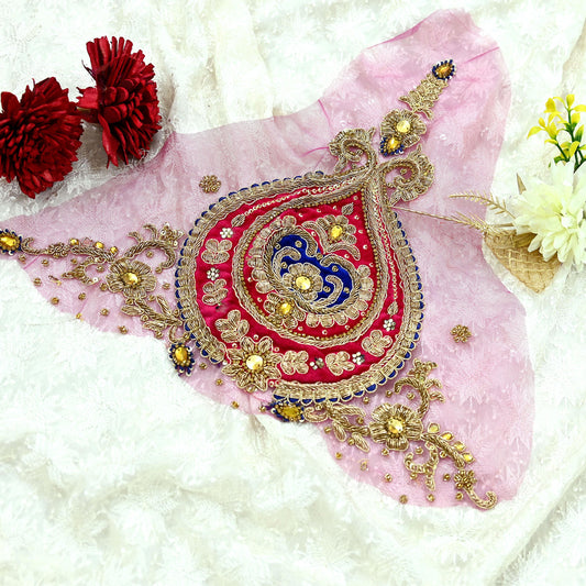 Indian Vintage Pink net Appliques  Set of 1 | Hand-Embroidered Floral Patches with Zardozi,Dabka, Zari,for Craft, Journals