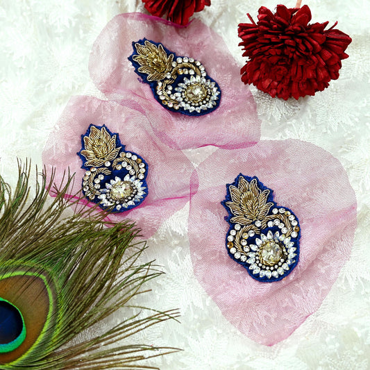 Indian Vintage Pink Net Hand-Embroidered Appliques  Set of 3, Zardozi, Dabka, Mukesh, Bead Work | Floral Patches for Crafts, Journals