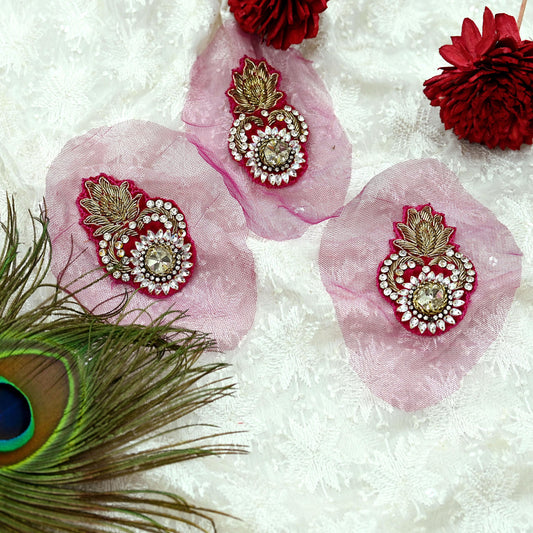 Indian Vintage Pink Net Hand-Embroidered Appliques  Set of 3, Zardozi, Dabka, Mukesh, Bead Work | Floral Patches for Crafts, Journals