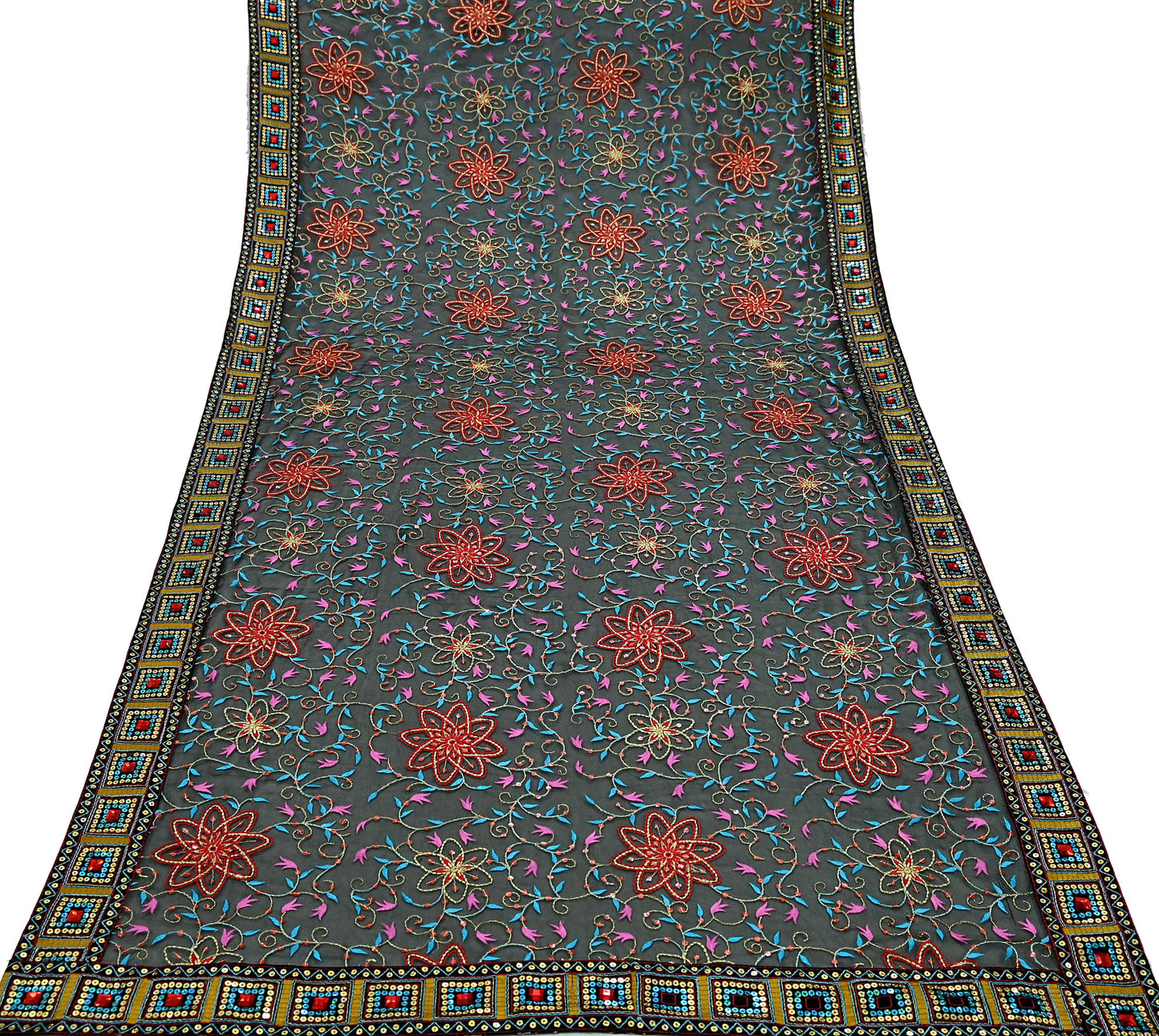Indian Vintage Dupatta Black Pure Georgette silk Long Stole Embroidered Scarves Stole Veil Wrap