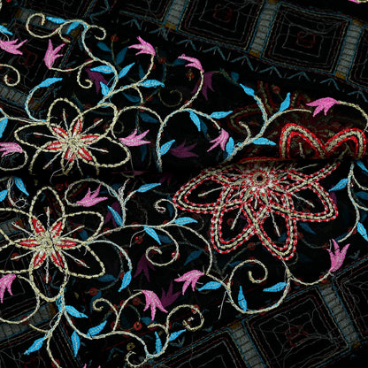 Indian Vintage Dupatta Black Pure Georgette silk Long Stole Embroidered Scarves Stole Veil Wrap