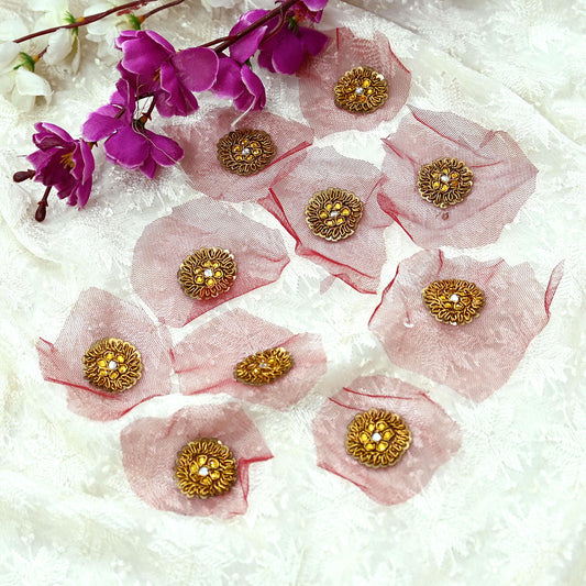 Indian Vintage Red Net Hand-Embroidered Appliques  Set of 10, Zardozi, Dabka, Mukesh, Bead Work | Floral Patches for Crafts, Journals