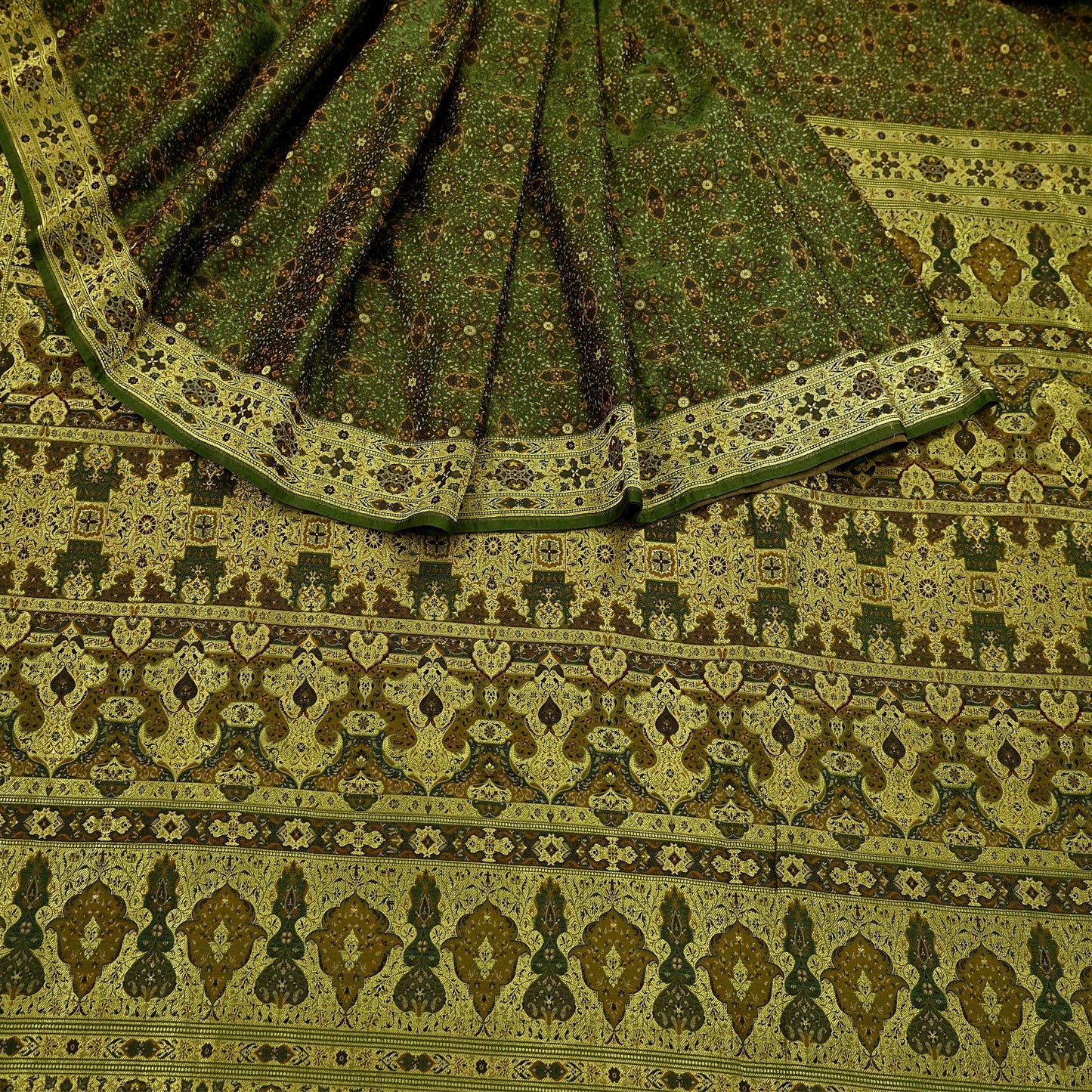 Indian Vintage Sari Green Heavy Wedding Pure Satin Silk Woven Banarasi Tanchoi Saree 5Yd Ethnic Craft Fabric Upcycle Bridal Heavy Sarees
