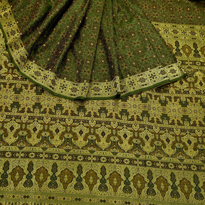 Indian Vintage Sari Green Heavy Wedding Pure Satin Silk Woven Banarasi Tanchoi Saree 5Yd Ethnic Craft Fabric Upcycle Bridal Heavy Sarees