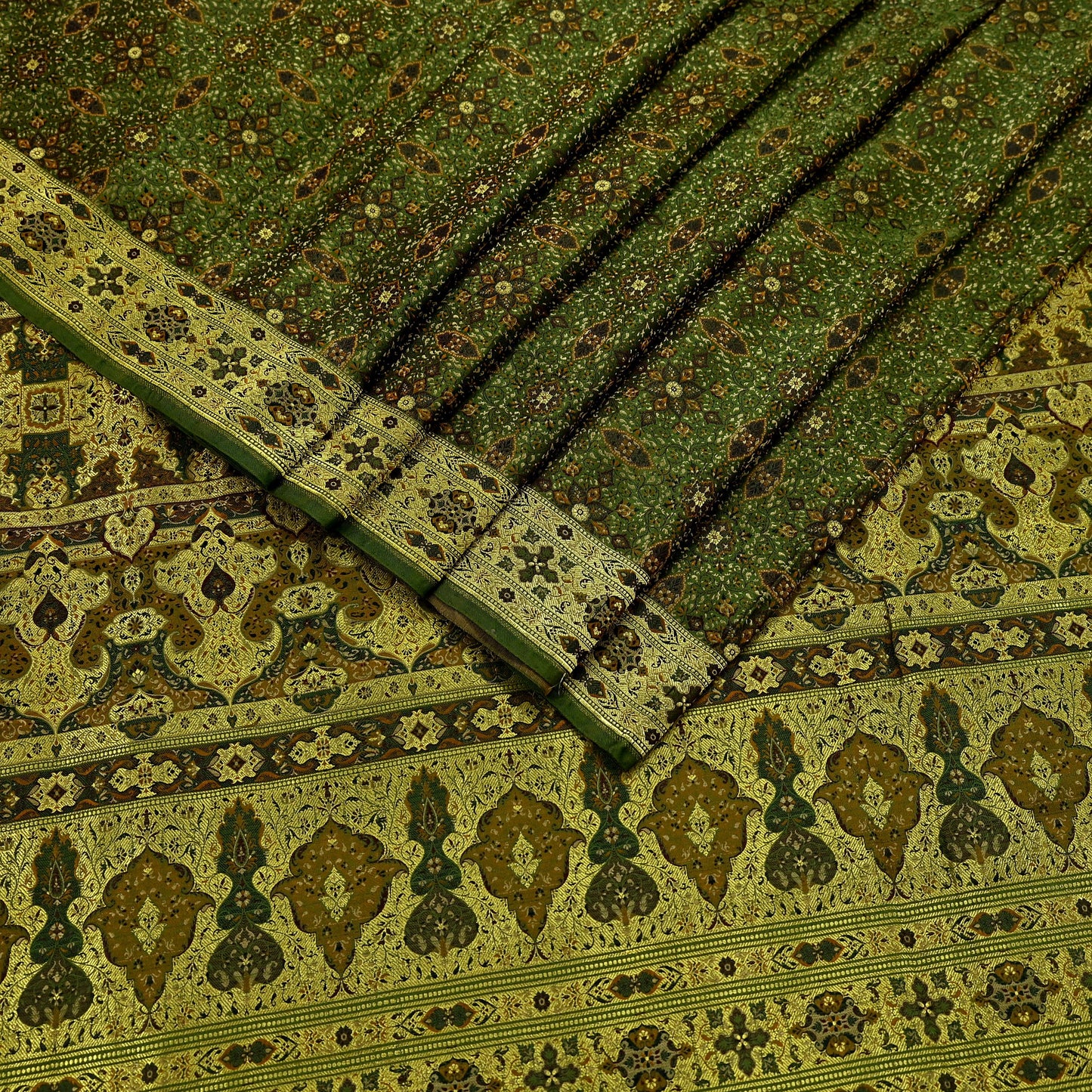 Indian Vintage Sari Green Heavy Wedding Pure Satin Silk Woven Banarasi Tanchoi Saree 5Yd Ethnic Craft Fabric Upcycle Bridal Heavy Sarees