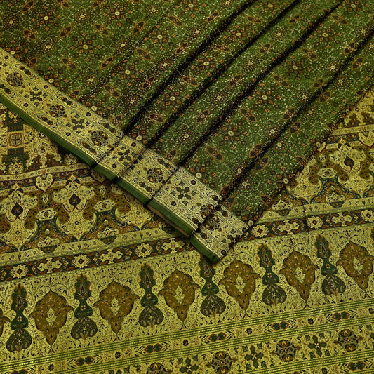 Indian Vintage Sari Green Heavy Wedding Pure Satin Silk Woven Banarasi Tanchoi Saree 5Yd Ethnic Craft Fabric Upcycle Bridal Heavy Sarees