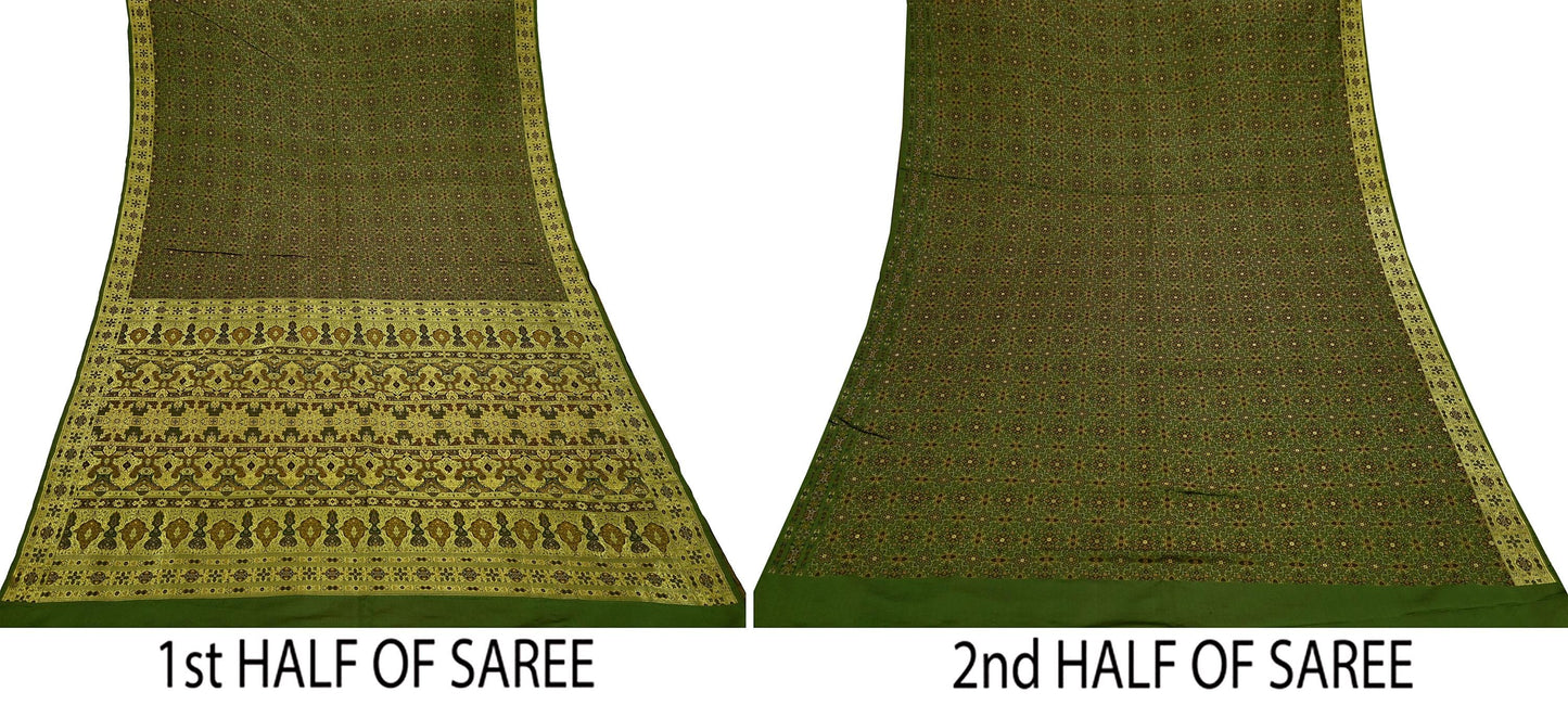 Indian Vintage Sari Green Heavy Wedding Pure Satin Silk Woven Banarasi Tanchoi Saree 5Yd Ethnic Craft Fabric Upcycle Bridal Heavy Sarees