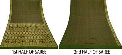 Indian Vintage Sari Green Heavy Wedding Pure Satin Silk Woven Banarasi Tanchoi Saree 5Yd Ethnic Craft Fabric Upcycle Bridal Heavy Sarees