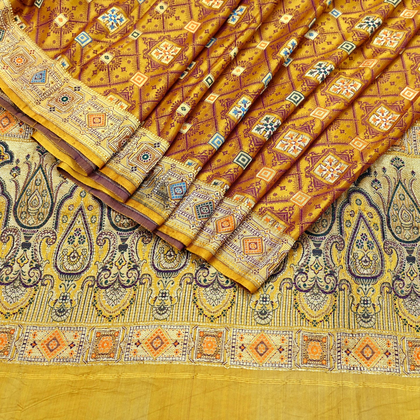Indian Vintage Sari Saffron Heavy Wedding Pure Satin Silk Woven Banarasi Tanchoi Saree 5Yd Ethnic Craft Fabric Upcycle Bridal Heavy Sarees