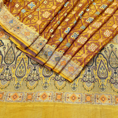 Indian Vintage Sari Saffron Heavy Wedding Pure Satin Silk Woven Banarasi Tanchoi Saree 5Yd Ethnic Craft Fabric Upcycle Bridal Heavy Sarees