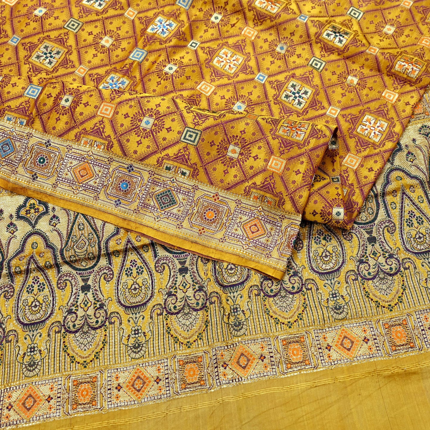 Indian Vintage Sari Saffron Heavy Wedding Pure Satin Silk Woven Banarasi Tanchoi Saree 5Yd Ethnic Craft Fabric Upcycle Bridal Heavy Sarees