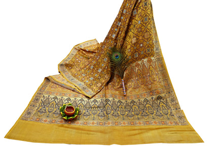 Indian Vintage Sari Saffron Heavy Wedding Pure Satin Silk Woven Banarasi Tanchoi Saree 5Yd Ethnic Craft Fabric Upcycle Bridal Heavy Sarees