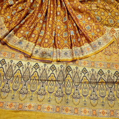 Indian Vintage Sari Saffron Heavy Wedding Pure Satin Silk Woven Banarasi Tanchoi Saree 5Yd Ethnic Craft Fabric Upcycle Bridal Heavy Sarees