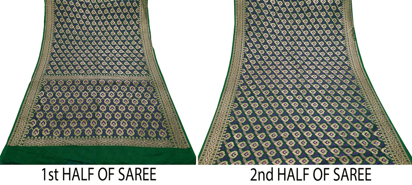Indian Vintage Heavy Green Saree Pure Silk Hand Woven Sari Craft Fabric 6Yd Sewing Soft Ethnic Zari Dress Making Wedding Sari