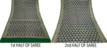 Indian Vintage Heavy Green Saree Pure Silk Hand Woven Sari Craft Fabric 6Yd Sewing Soft Ethnic Zari Dress Making Wedding Sari