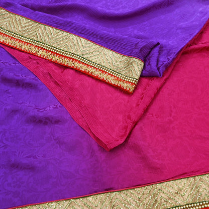 Indian Vintage Heavy Purple & Pink Sari  Hand Embroidered Saree 100% Pure Silk Craft Fabric 6yd Soft Wedding/Party Wear Blouse Fabric