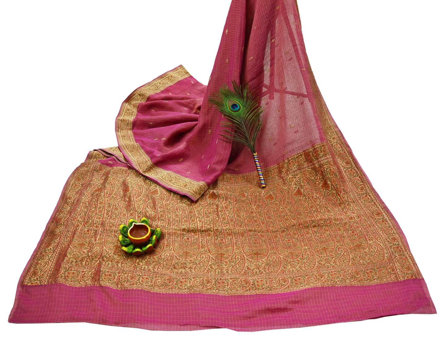 Vintage Heavy Pink Sarees Pure Georgette Silk Hand Woven Banarasi Sari Craft Fabric 5Yd Sewing Soft Ethnic Zari Dress Making Wedding Sari