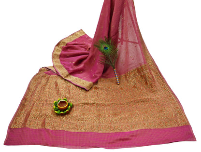 Vintage Heavy Pink Sarees Pure Georgette Silk Hand Woven Banarasi Sari Craft Fabric 5Yd Sewing Soft Ethnic Zari Dress Making Wedding Sari